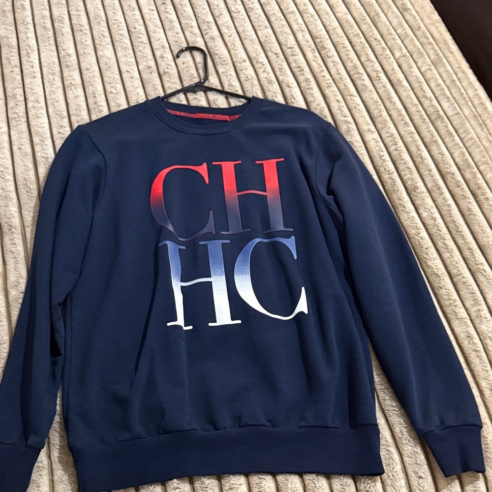 Carolina Herrera Navy Sweater with Red and White Logo